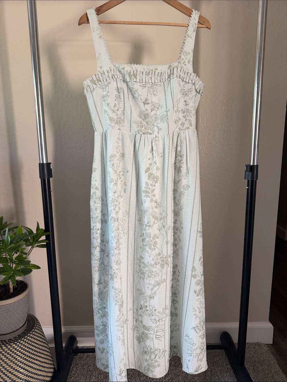 Caroline Constas Sage Green Toile Pearl Trim Linen Maxi Dress Cottagecore Luxury